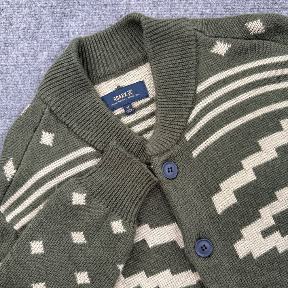 ROARK Mens Green Wool Geometric‎ Pattern Shawl Collar Cardigan Sweater Medium